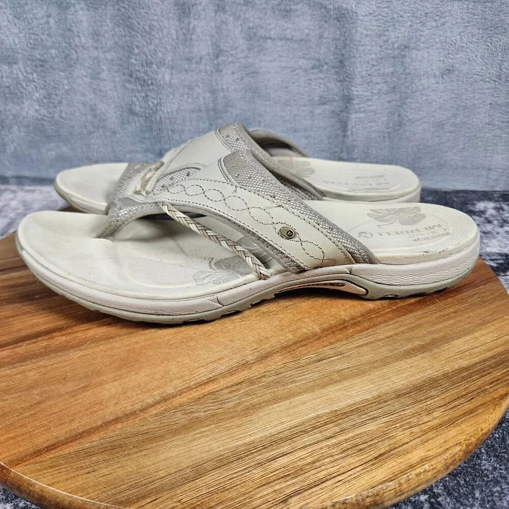 Merrell Hollyleaf Womens Taupe Leather Comfort Thong Sandals Flip Flops Shoes 11